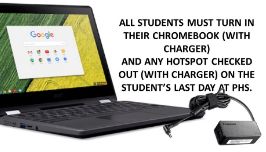  ALL STUDENTS MUST TURN IN THEIR CHROMEBOOK (WITH CHARGER) AND ANY HOTSPOT CHECKED OUT (WITH CHARGER
